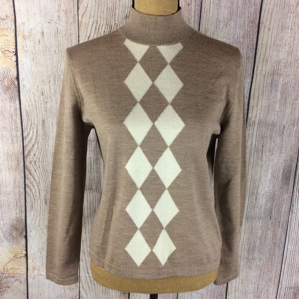 Country Shop Brown 100% Wool Argyle Sweater Sz M